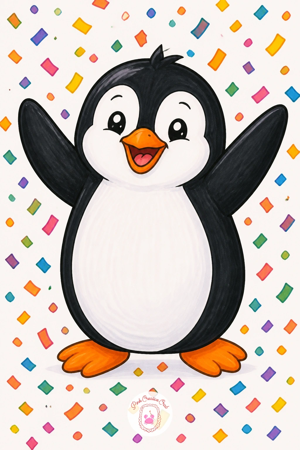 Penguin Party With Confetti — After a quiet hedgehog, bring in some chaos: a penguin standing in a small flurry of falling confetti is mostly about that