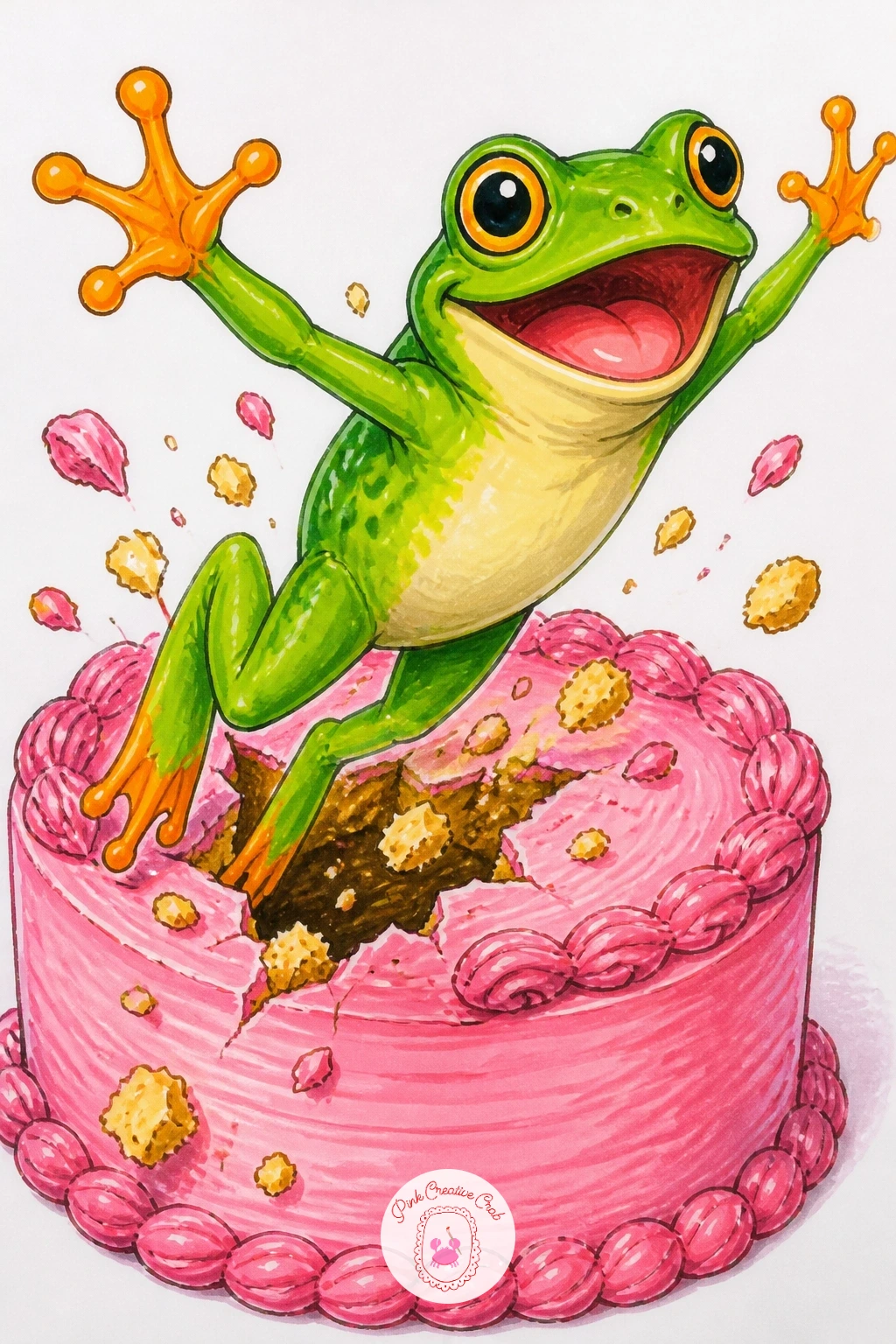 Frog Jumping Out Of A Cake — This one plays with perspective since the frog needs to look like it is bursting upward and forward out of the cake rather than