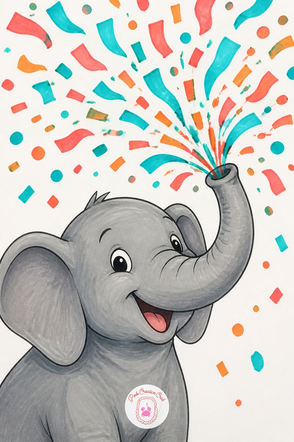 Elephant Spraying Confetti — Swap water for confetti and the classic elephant-with-trunk pose becomes an instant party joke. Happy birthday drawings