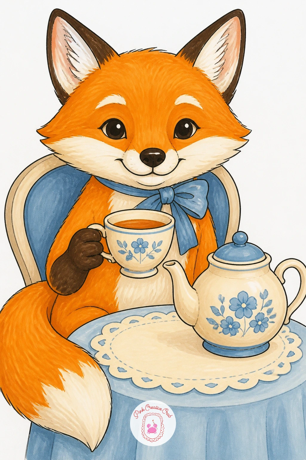 Fox Hosting A Tea Party — Build a small scene here rather than one animal alone: a fox sitting properly at a little table with a teapot and a single cup in