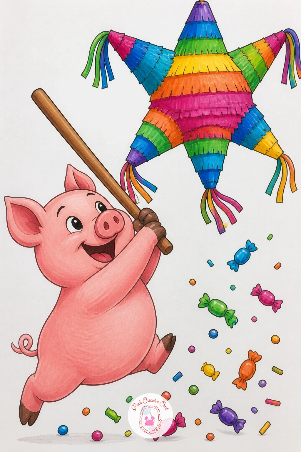 Pig At A Pinata — Add a bit of action here with a pig mid-swing at a hanging pinata, which is a fun chance to draw a body twisted in motion. Happy birthday