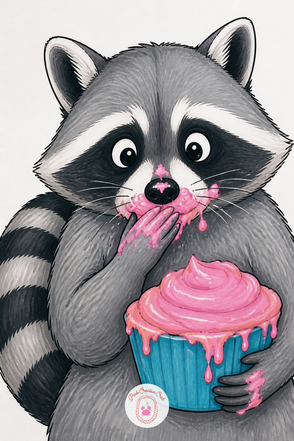 Raccoon Stealing Frosting — Give this one a guilty look, since the whole joke of a raccoon with its paw in the frosting depends on the expression rather than