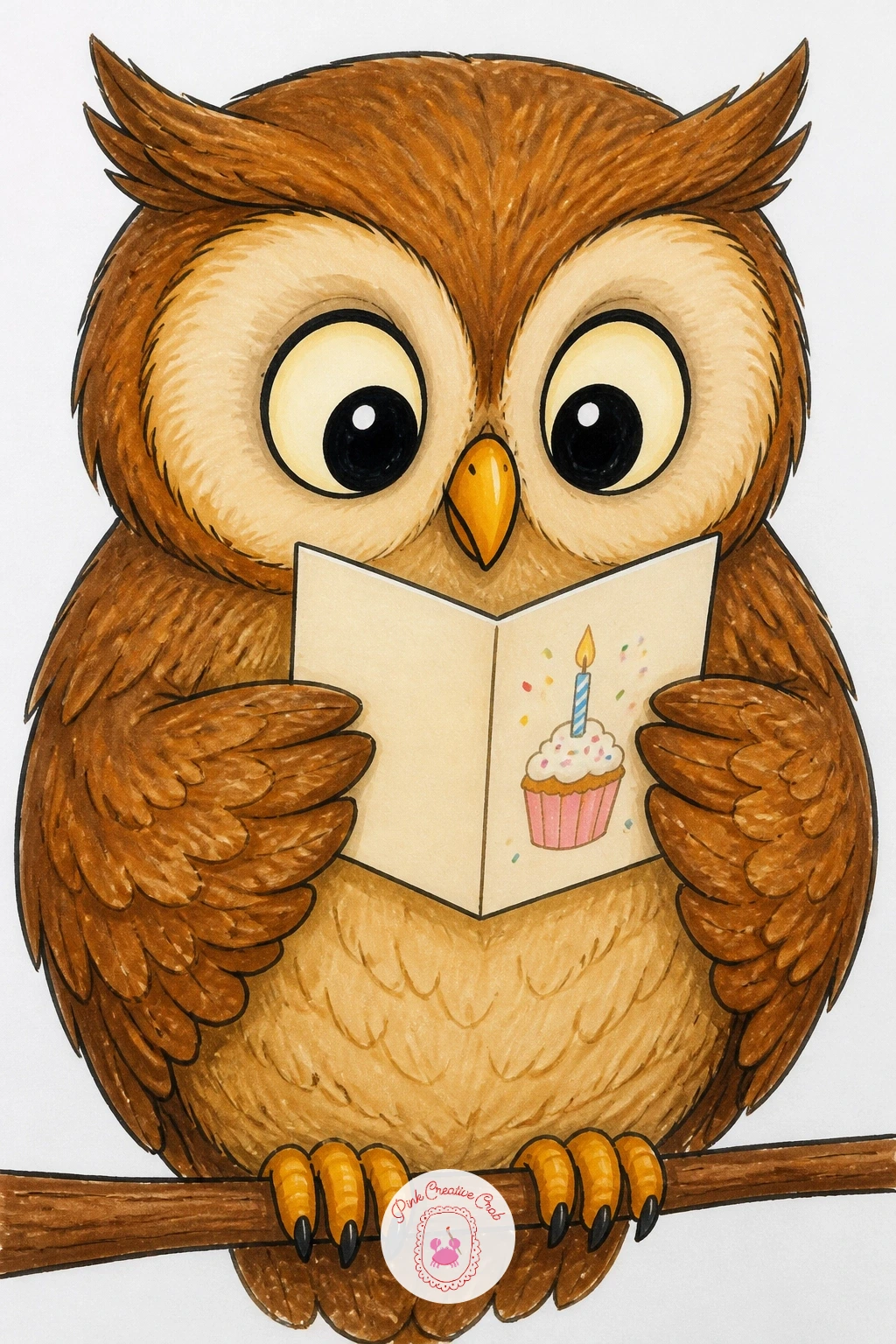 Owl Reading A Birthday Card — Slow things down with an owl perched quietly, reading a small card held in its wings, which is a nice contrast after all that