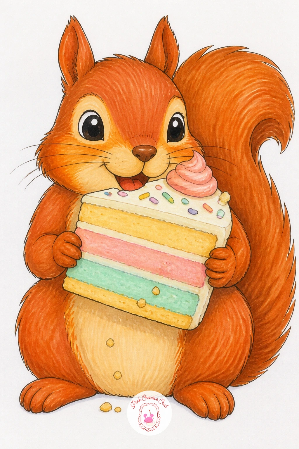 Squirrel With A Slice Of Cake — After the quieter corgi, bring back a bit of mess with a squirrel holding a cake slice nearly as big as itself. Happy birthday