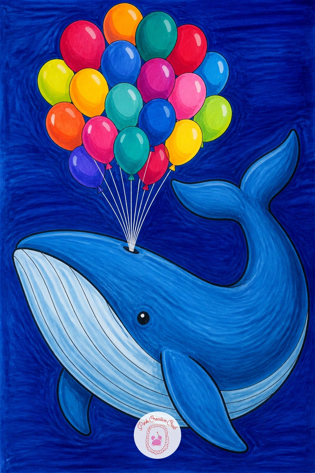 Whale Spouting Balloons — Scale back up for a bigger, bolder subject: a whale spouting a cluster of balloons instead of water through its blowhole. Happy