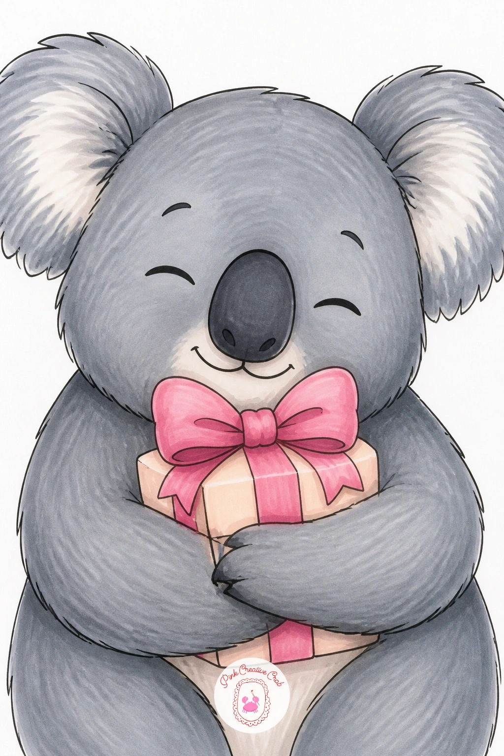 Koala With A Gift — Keep this one calm and sweet: a koala hugging a small wrapped gift close to its chest, sitting on a branch or simply on the ground. Happy
