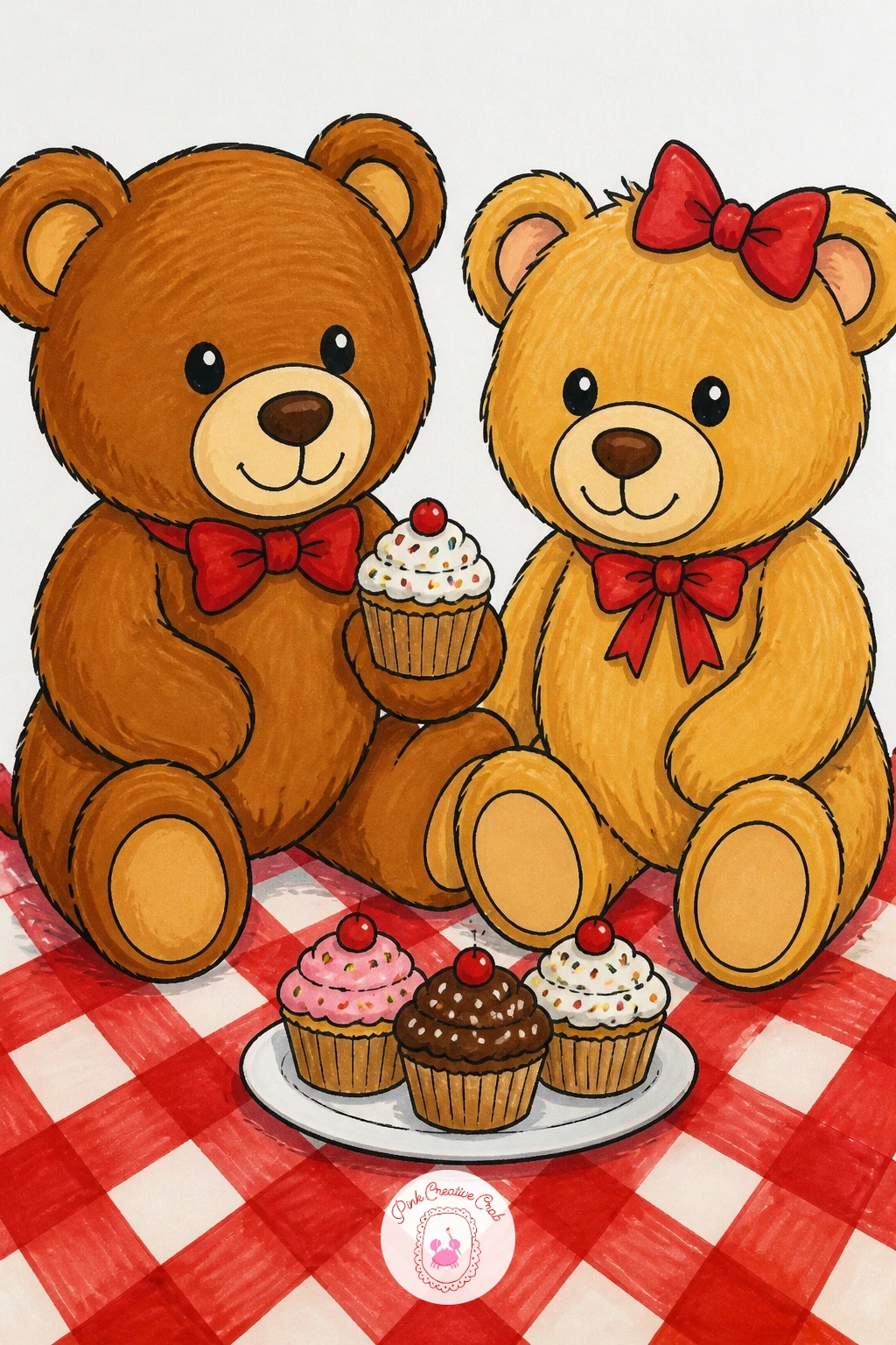 Teddy Bear Picnic Party — Widen the scene slightly with a small group moment: two or three teddy bears sitting around a tiny picnic blanket with cupcakes