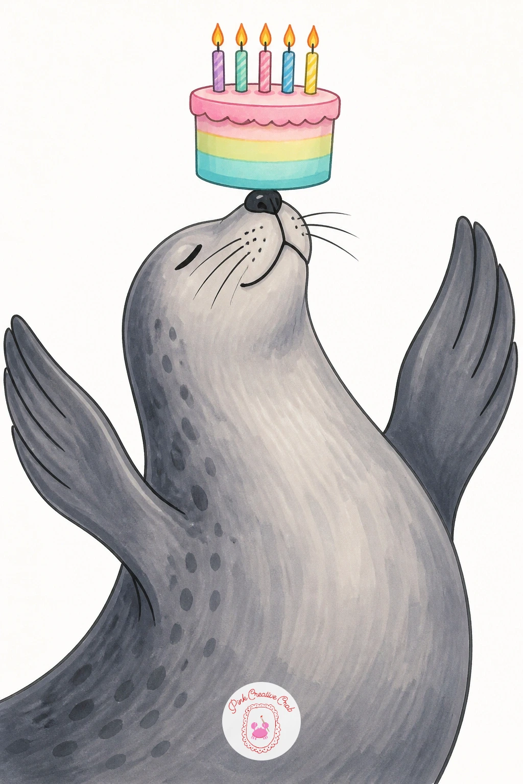 Seal Balancing A Cake — Circus trick energy works nicely here: a seal balancing a small round cake on the tip of its nose, flippers raised for balance. Happy