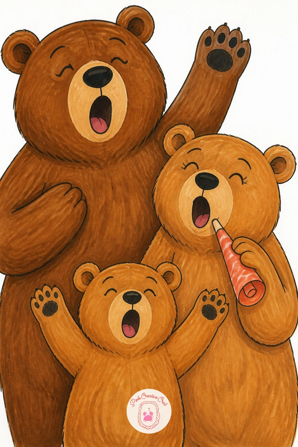 Bear Family Singing — Bring back the bears from the very first idea, but now as a small group singing together, mouths open, maybe one holding a party horn.