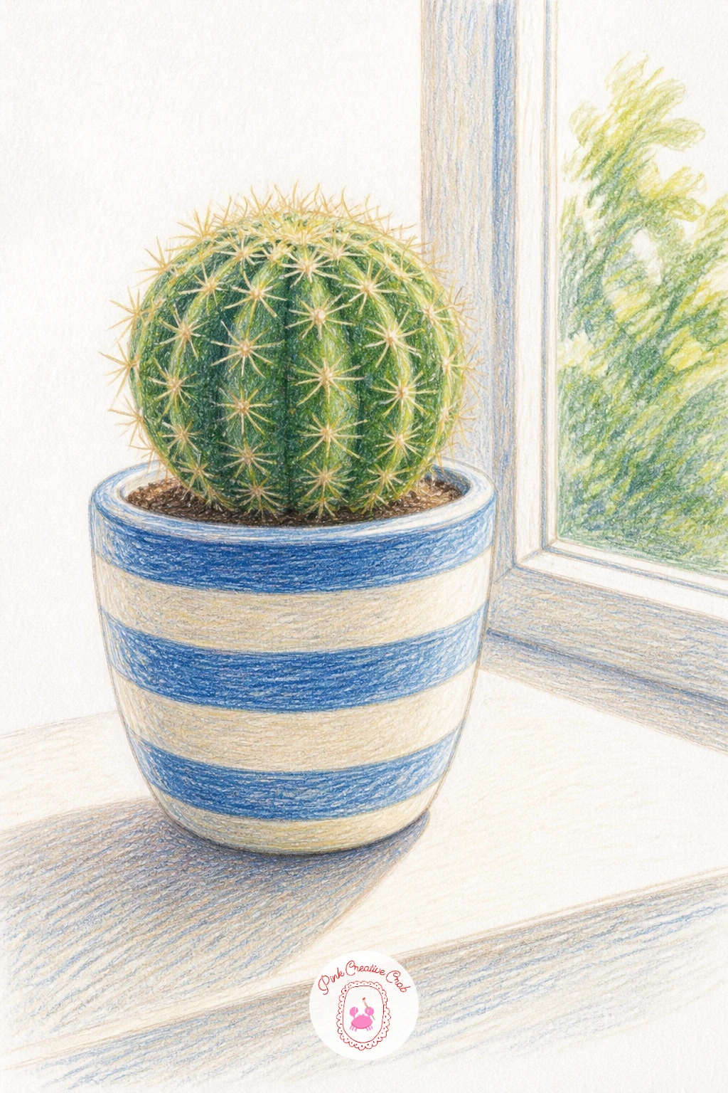 Cactus In A Striped Pot On A Windowsill — Give your plant a proper home next with a cactus in a striped pot on a windowsill, a quiet little scene that leans