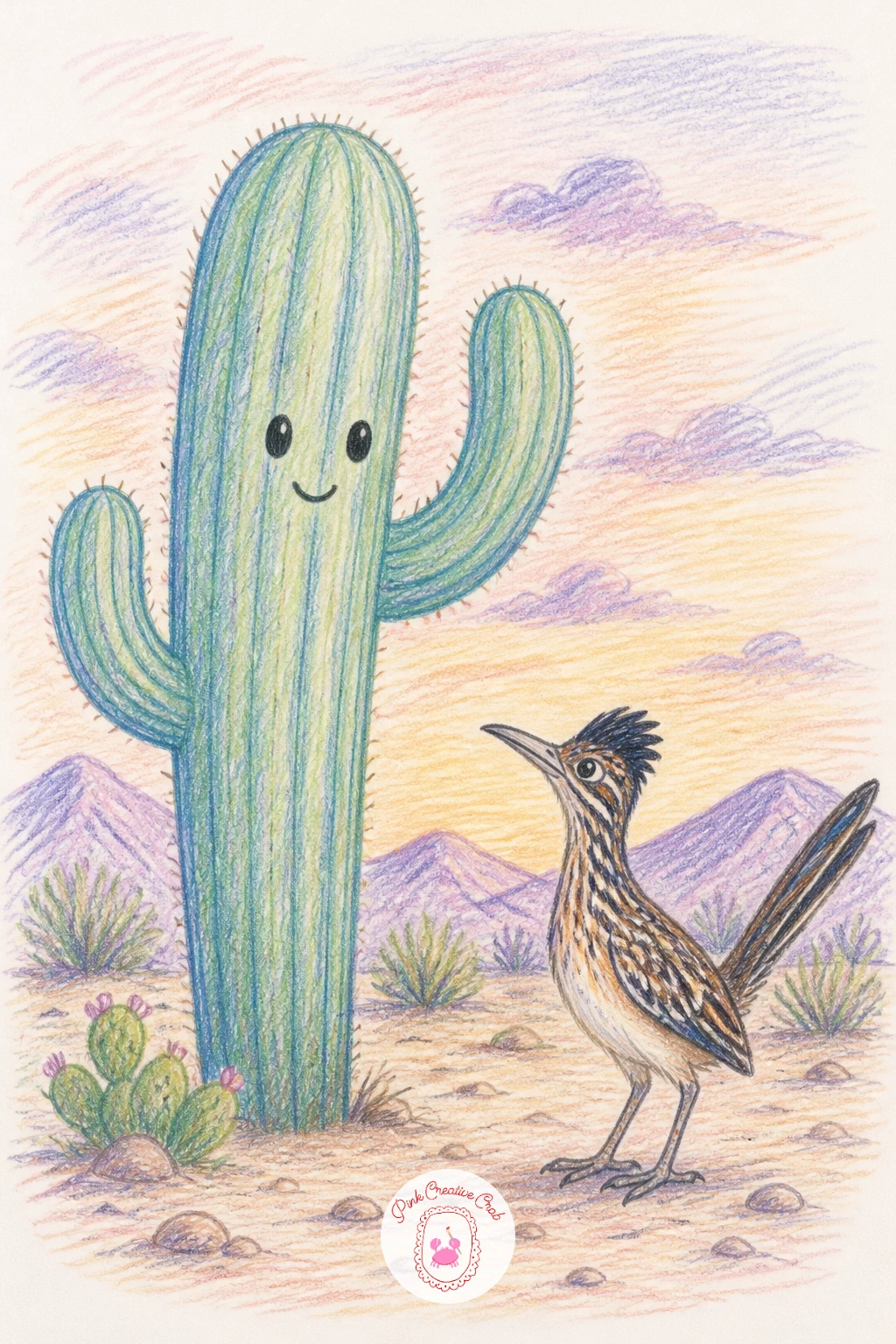 Saguaro Waving At A Roadrunner — Bring in some movement with a saguaro waving at a roadrunner, a tall desert icon with one arm raised as if caught mid