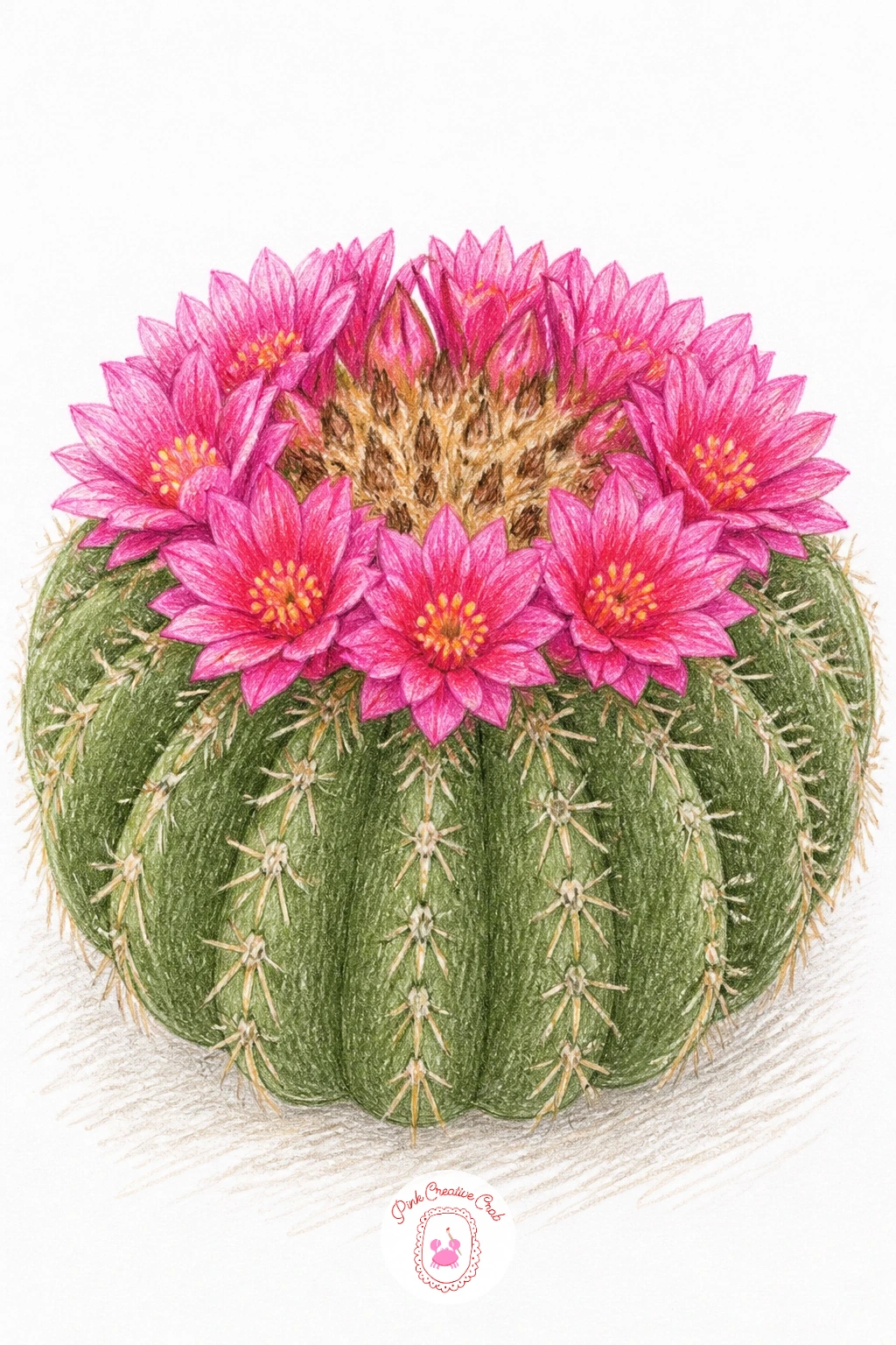 Barrel Cactus In Bloom — Move into blossoms with a barrel cactus in bloom, where the whole appeal sits in that crown of bright flowers ringing the top. Cactus