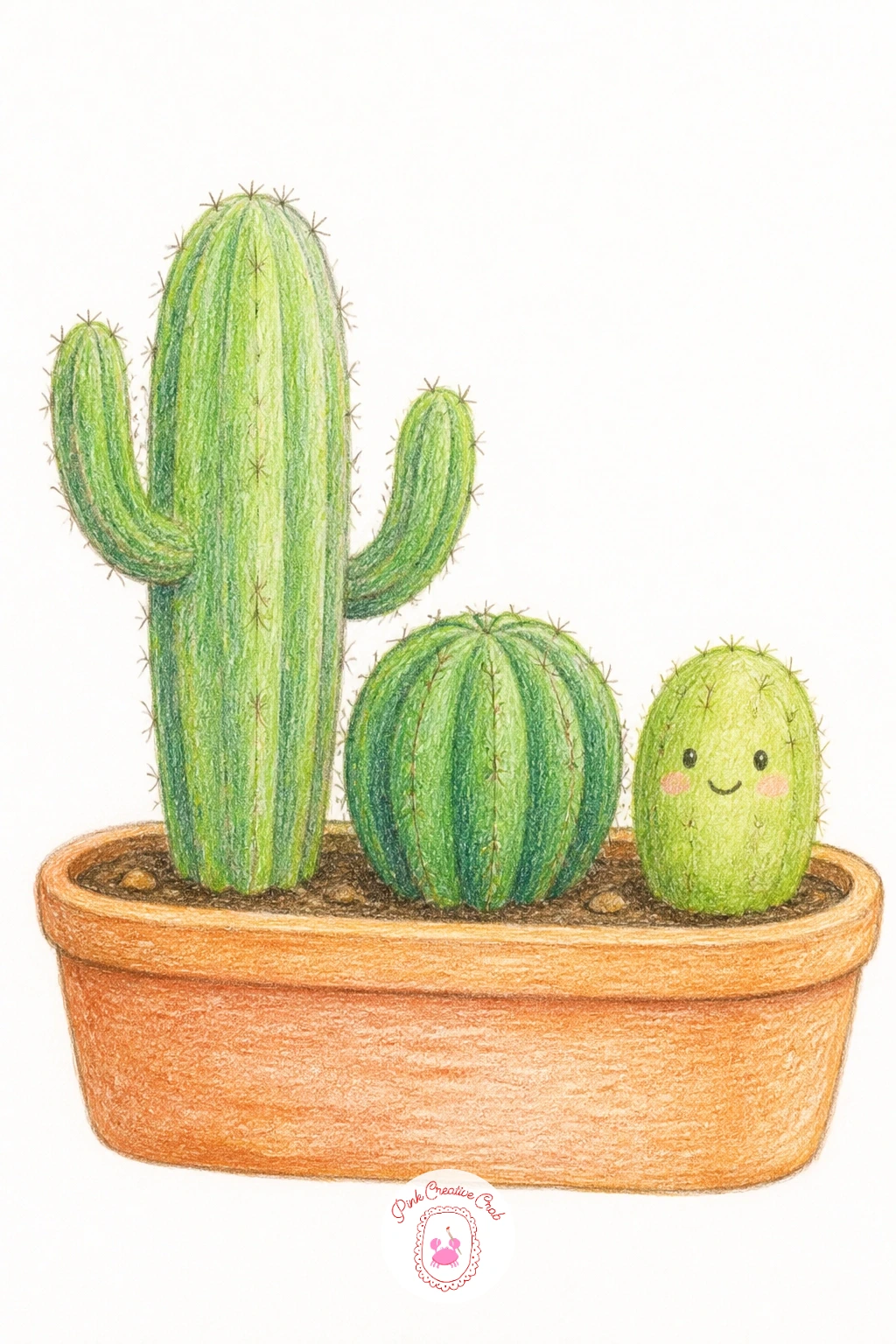 Cactus Family In A Terracotta Row — Line up a cactus family in a terracotta row, a tall one, a medium one and a small round pup all sharing a single long