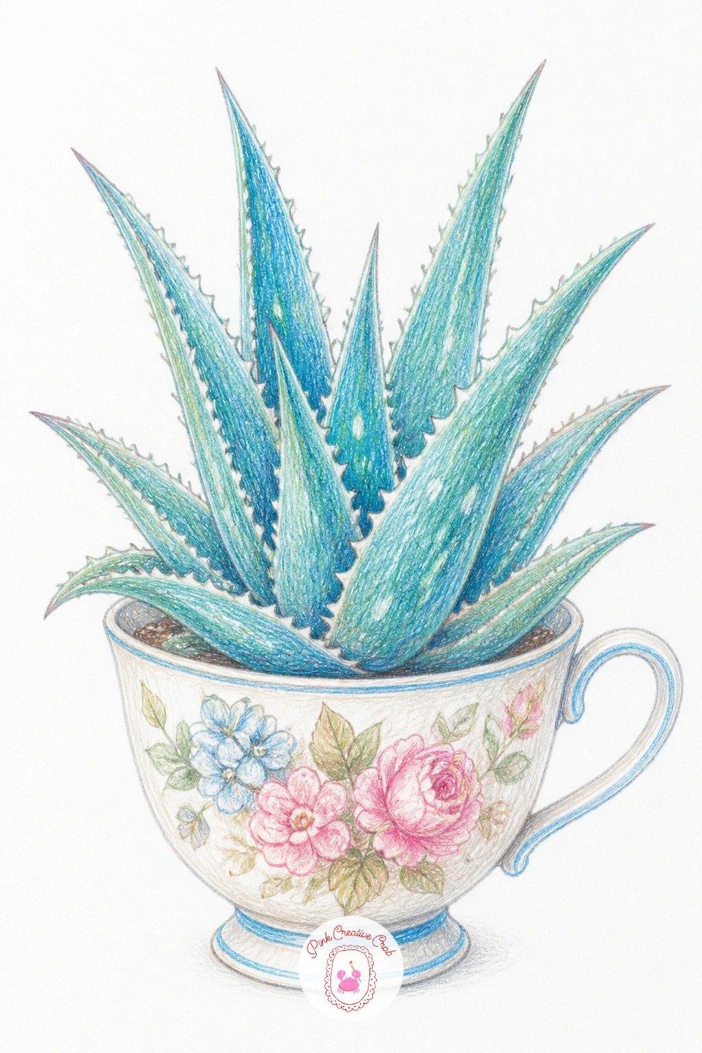 Aloe In A Teacup — Shrink the scale down with an aloe in a teacup, a spiky little rosette tucked into something delicate and unexpected. Cactus drawing