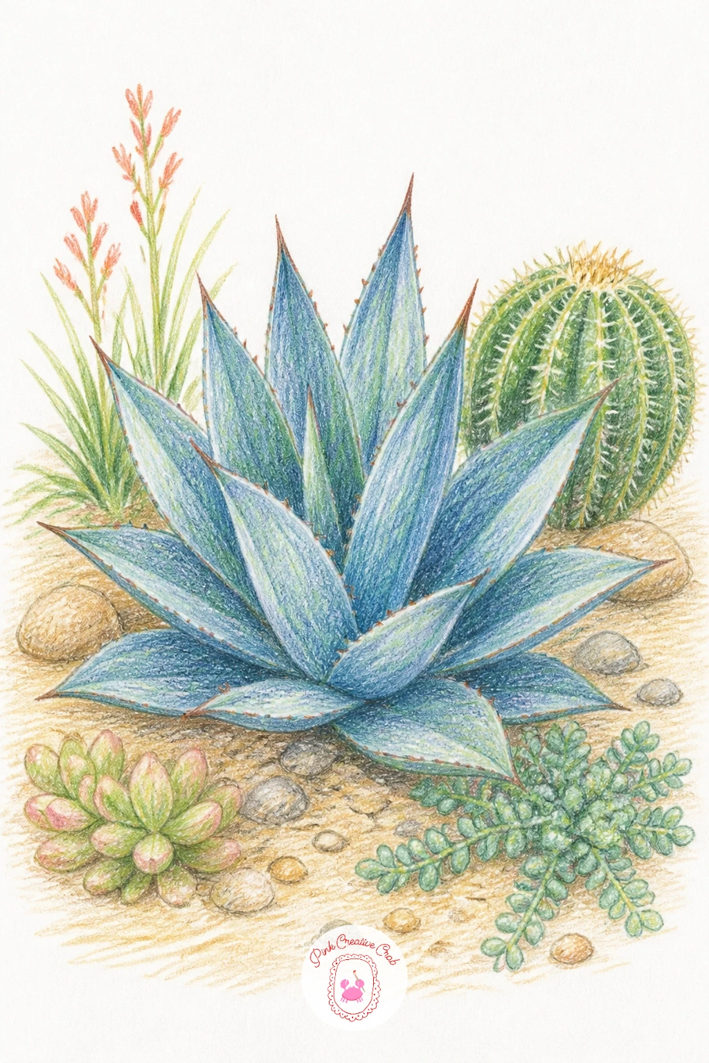 Desert Garden With Agave — Widen the scene with a desert garden with agave, a small cluster of different plants sharing one patch of sandy ground instead of a