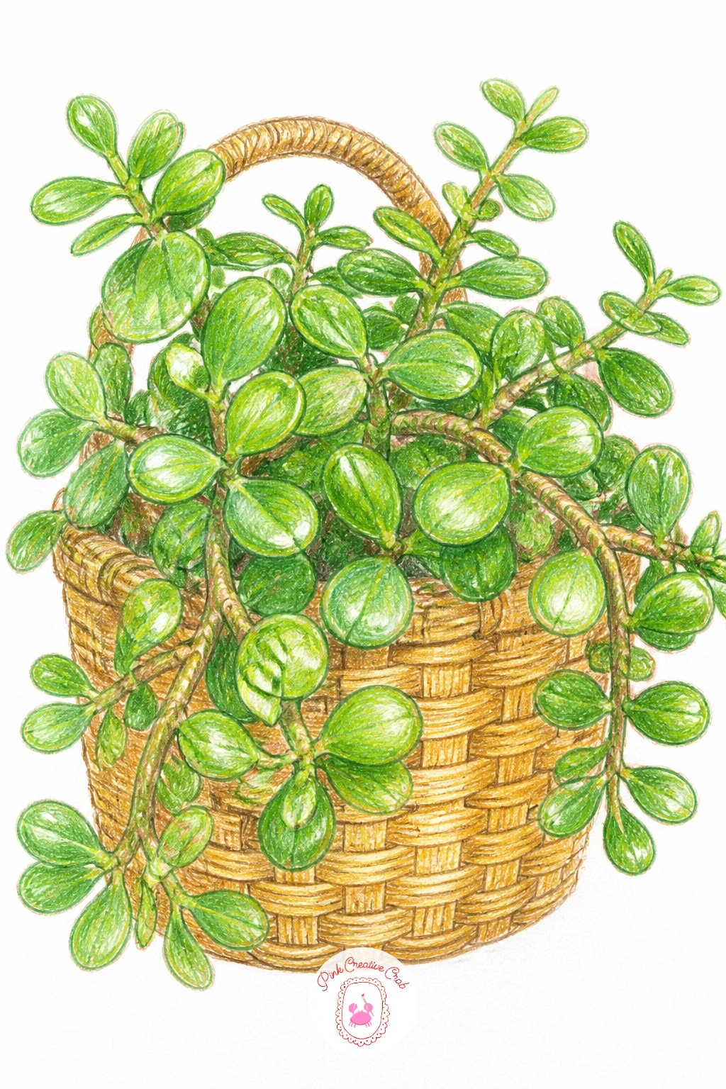 Jade Plant In A Market Basket — Settle a jade plant in a market basket, those round coin shaped leaves spilling generously over a woven edge. Cactus drawing