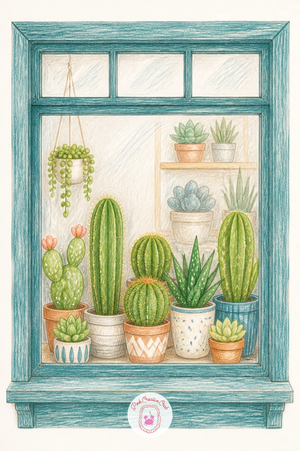 Cactus Shop Window — Step outside the pot with a cactus shop window, a little storefront scene packed with several plants lined up behind glass. Cactus drawing