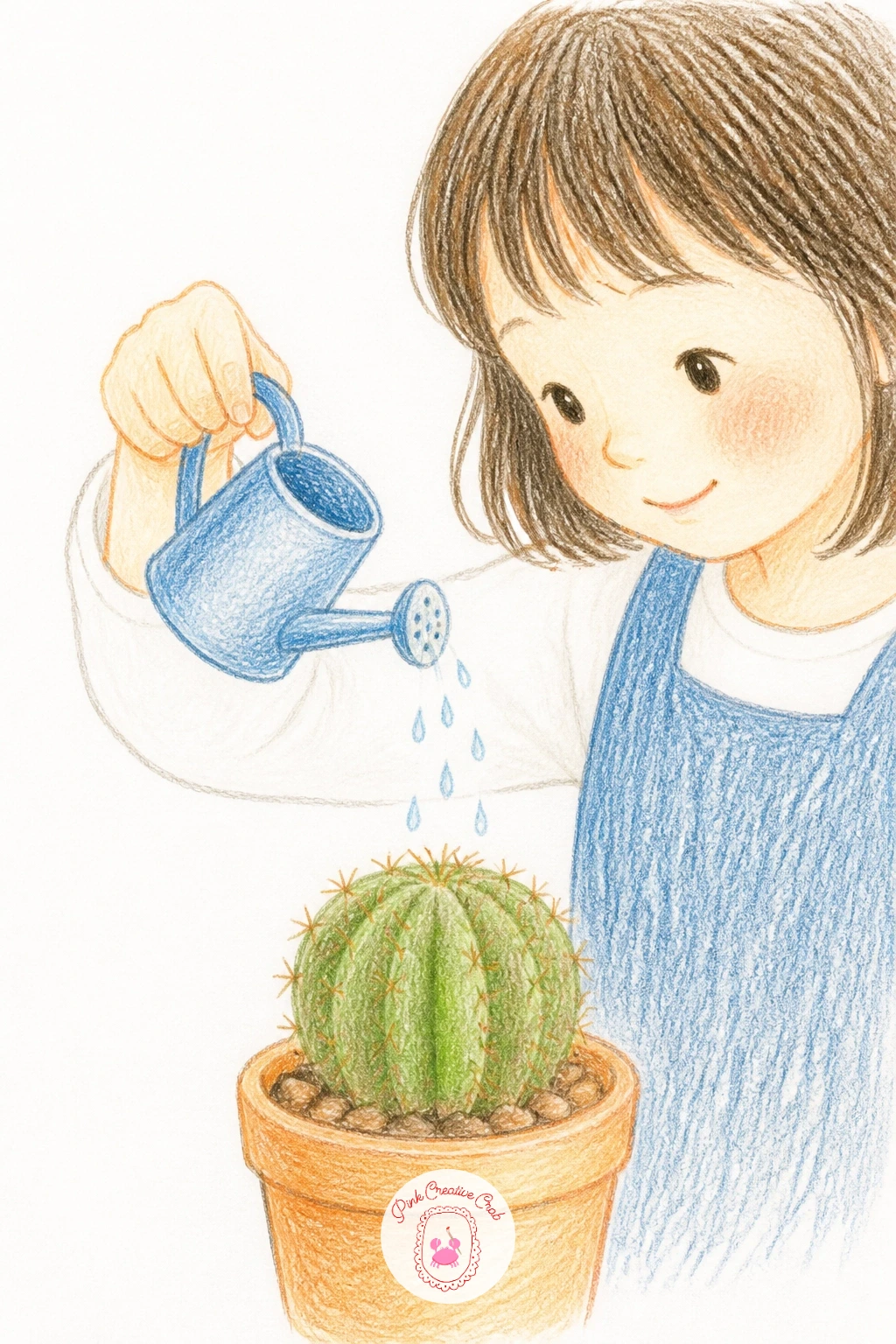 Girl Watering Her Cactus — Bring a person into the scene with a girl watering her cactus, a small watering can tipped gently over a potted plant on a table or