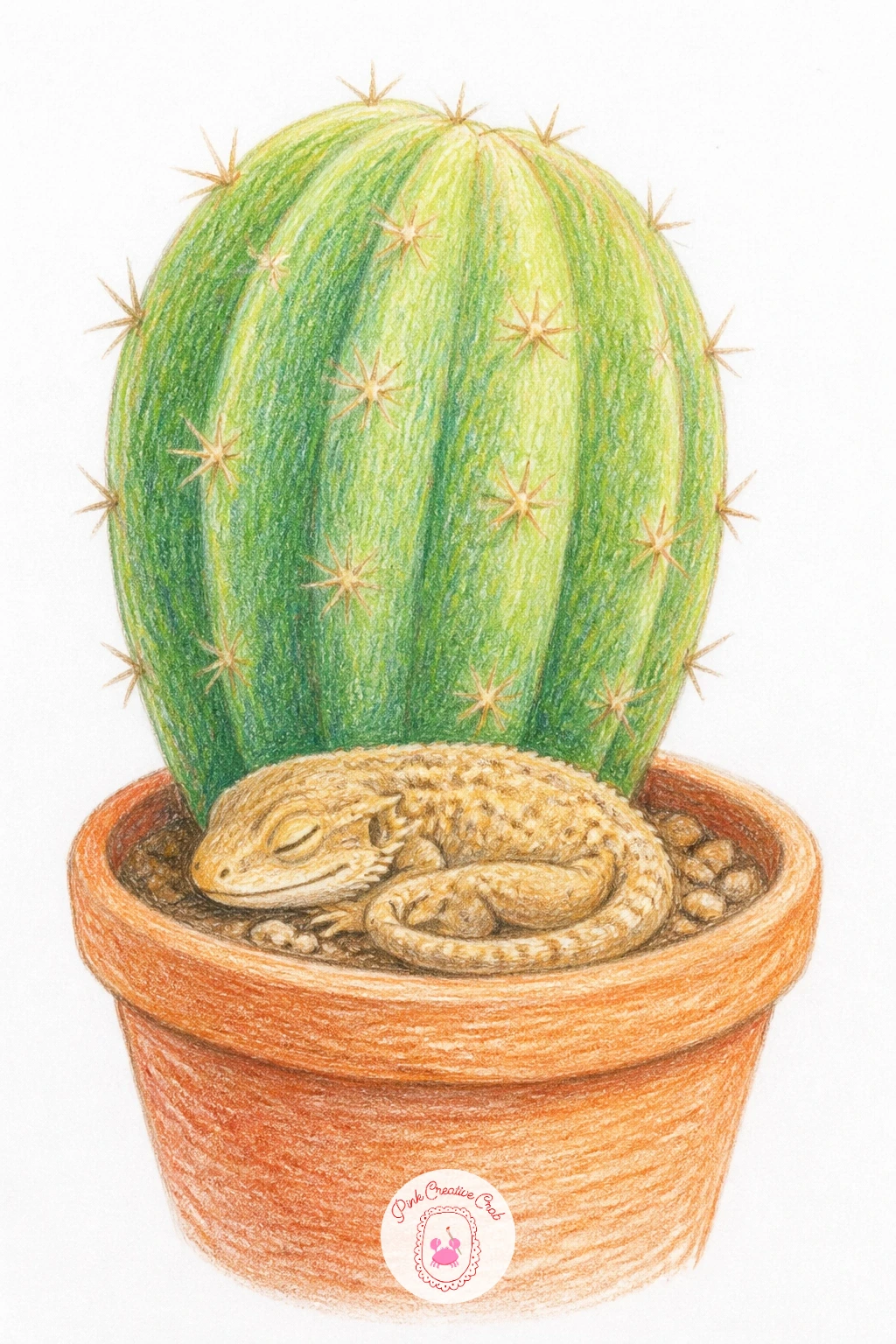 Cactus With A Sleepy Lizard — Add a quiet companion with a cactus with a sleepy lizard, a small desert friend curled up and dozing right at the base of the
