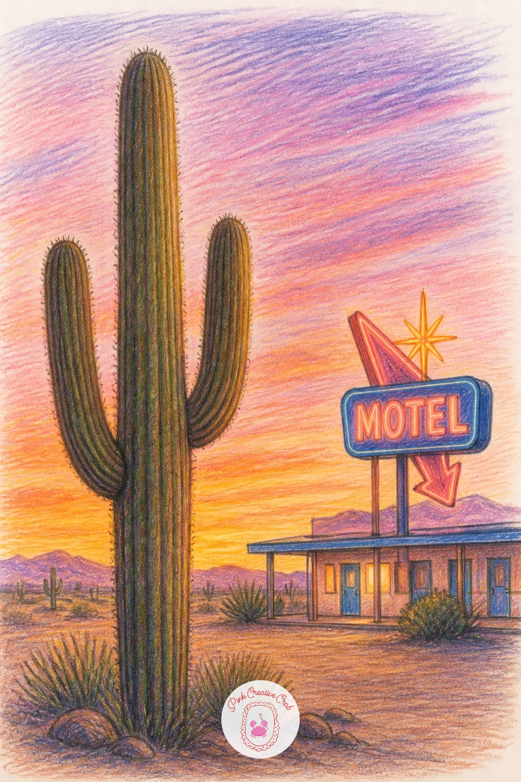 Cactus By A Roadside Motel At Sunset — Build a full little landscape with a cactus by a roadside motel at sunset, a tall saguaro silhouette standing in front
