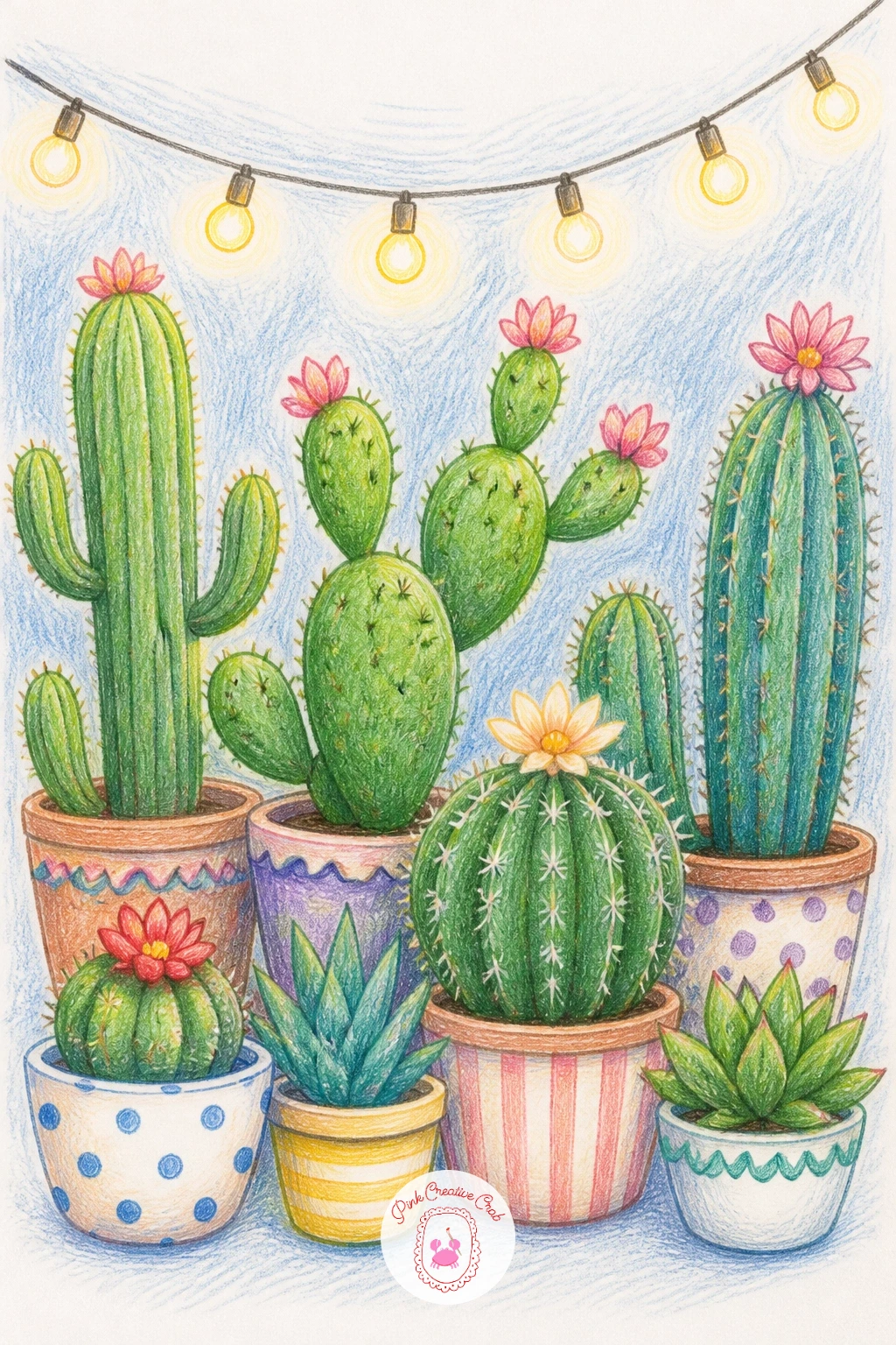 Cactus Party With String Lights — Keep the warm evening mood going with a cactus party with string lights, several small potted plants gathered together with a