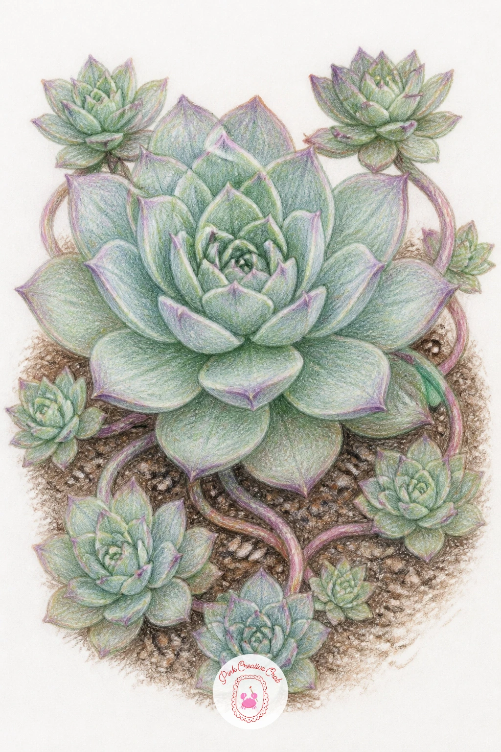 Hen And Chicks Succulent — Zoom into ground level for a hen and chicks succulent, one larger rosette surrounded by a scatter of smaller identical pups budding