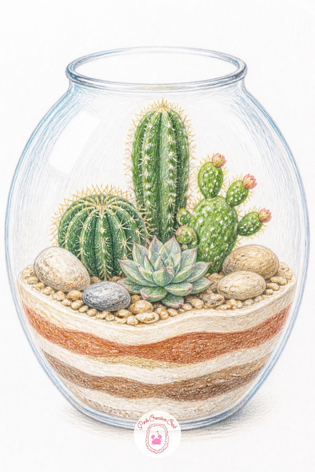 Cactus Terrarium — Build a tiny world with a cactus terrarium, several small plants layered inside a clear glass container with visible bands of colored sand