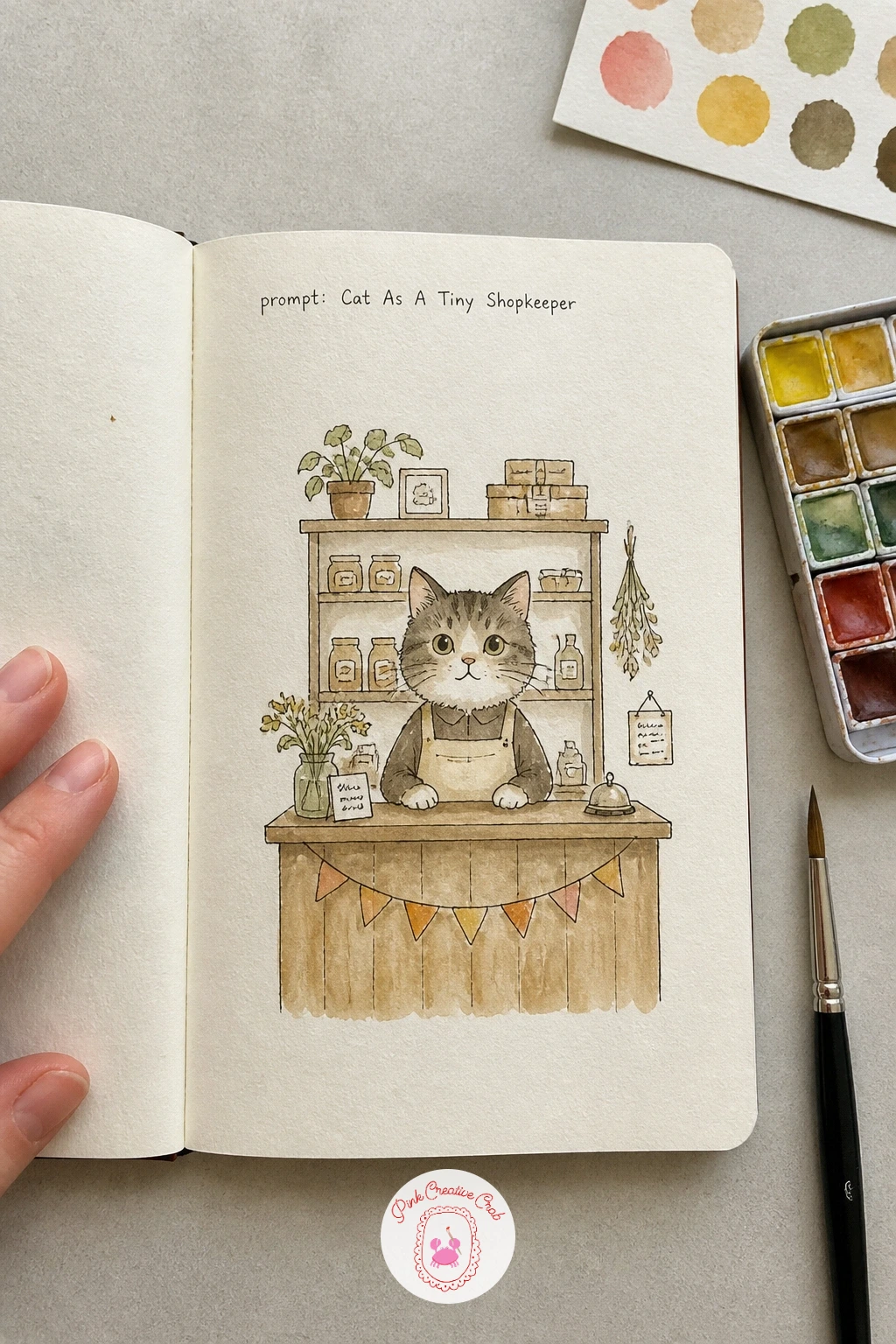 Cat As A Tiny Shopkeeper — Your cat as a tiny shopkeeper is where sketchbook prompts start getting properly fun, and it works because you are really just