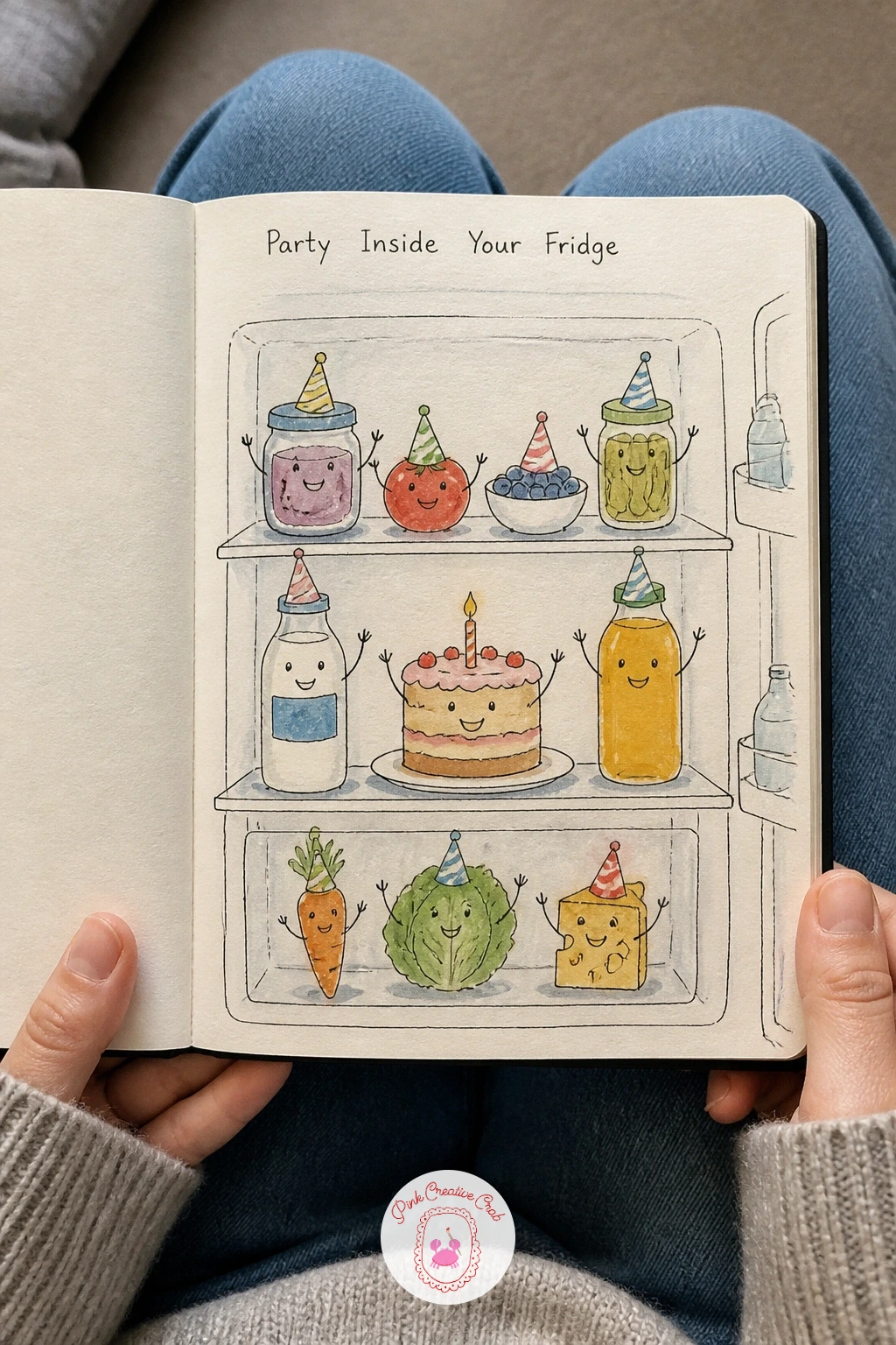 Party Inside Your Fridge — A party inside your fridge is a playful excuse to draw food with personalities, each jar and vegetable given a tiny dancing pose or