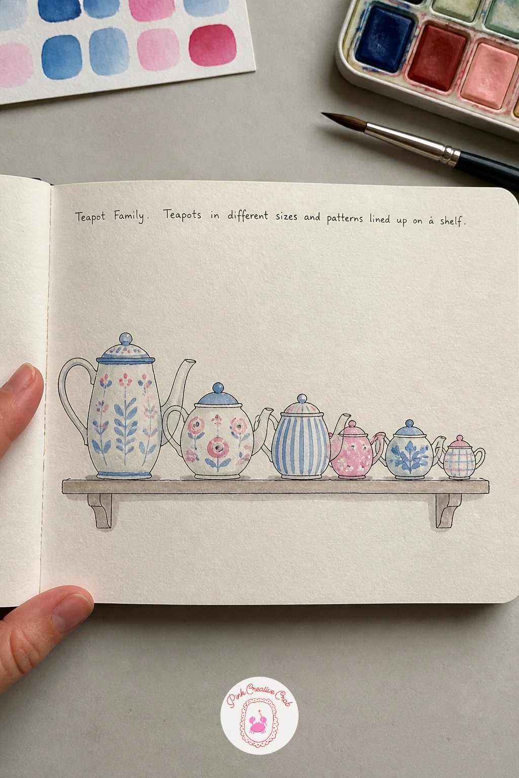 Teapot Family — A teapot family is a sweet excuse to draw the same basic shape several times with small variations, a big round teapot, a smaller rounder