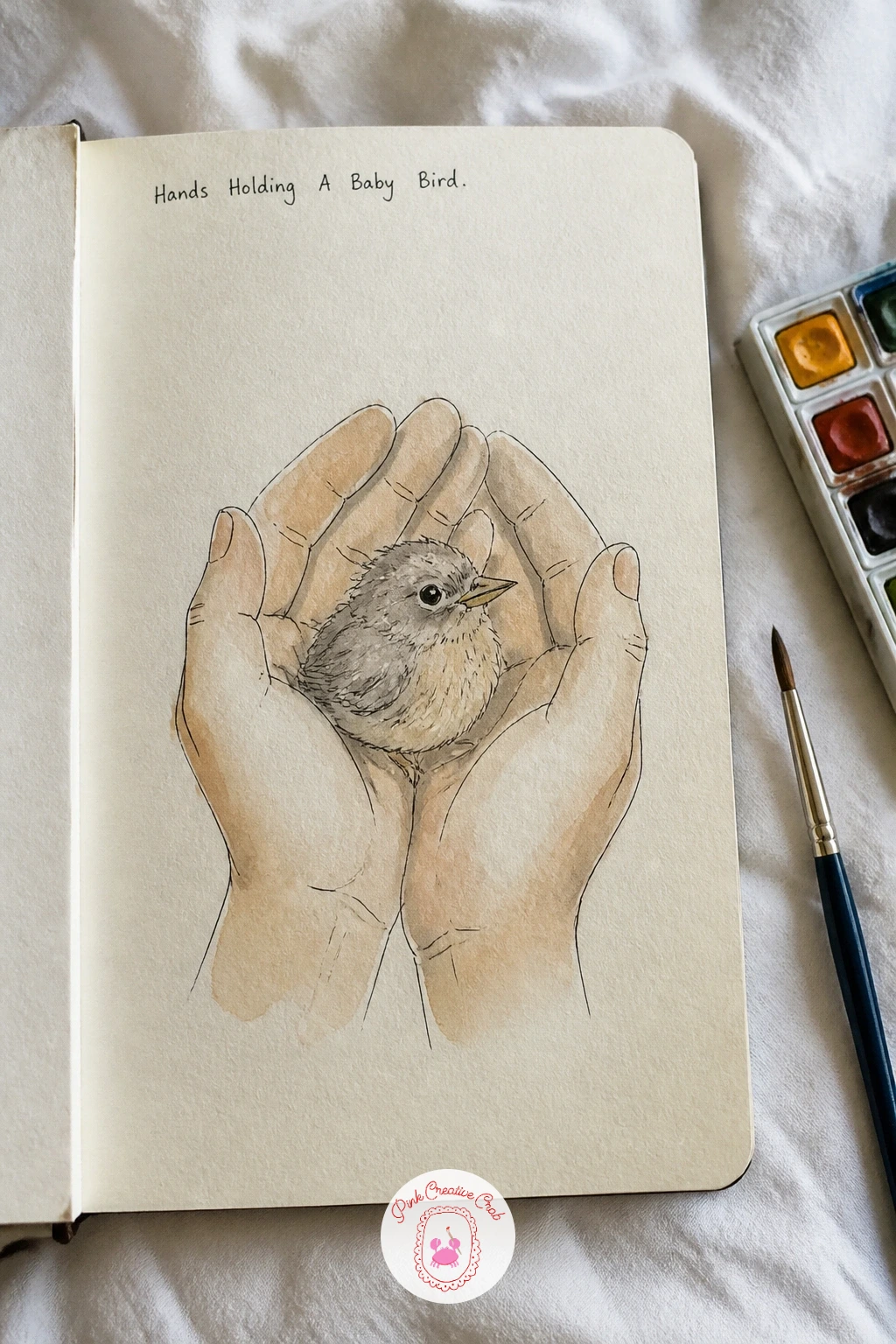 Hands Holding A Baby Bird — Hands holding a baby bird is a tender close up subject, and the trick is drawing the hands as simple cupped shapes rather than