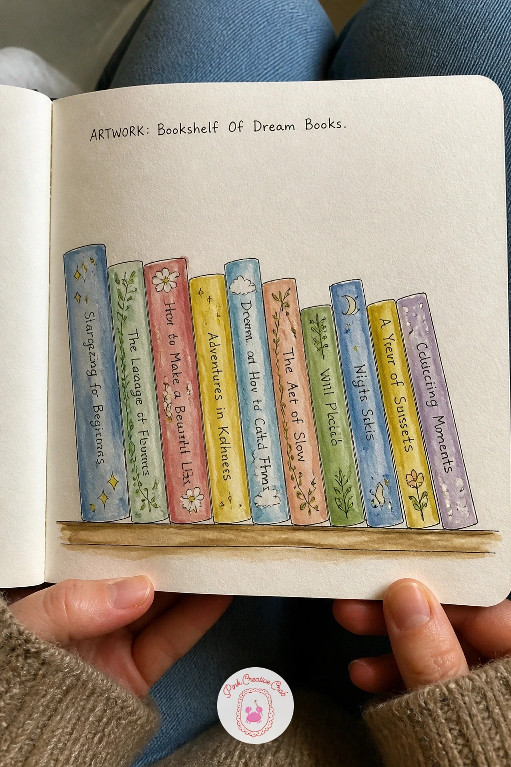 Bookshelf Of Dream Books — A bookshelf of dream books lets you invent titles and covers from scratch, which makes it one of the most relaxing prompts here.