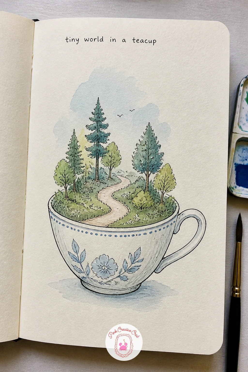 Tiny World In A Teacup — A tiny world in a teacup imagines a whole little landscape living inside one cup, a miniature garden or beach scene rising out of the