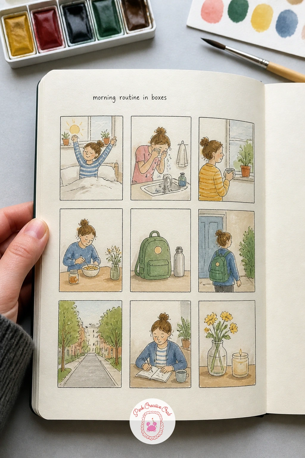 Morning Routine In Boxes — Your morning routine in boxes turns an ordinary morning into a small comic strip, six or so square panels down the page, each one a