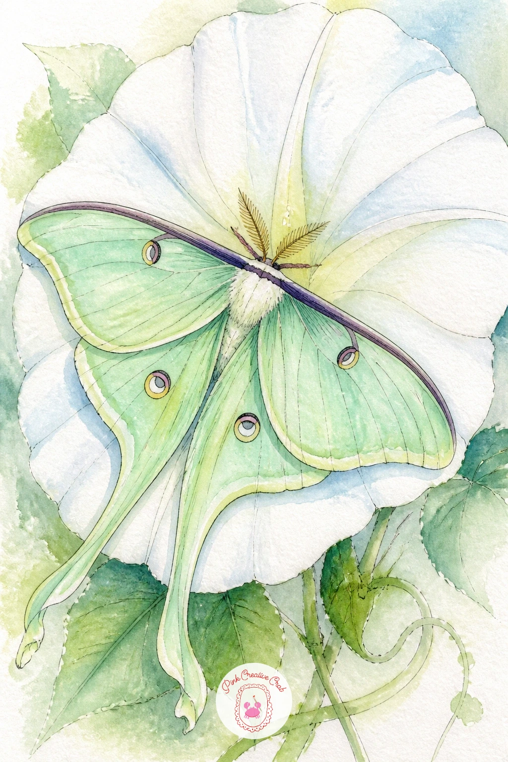 Luna Moth on a Moonflower — Start with the luna moth because its wings are almost pure shape: two long upper wings and two long trailing tails below, all in