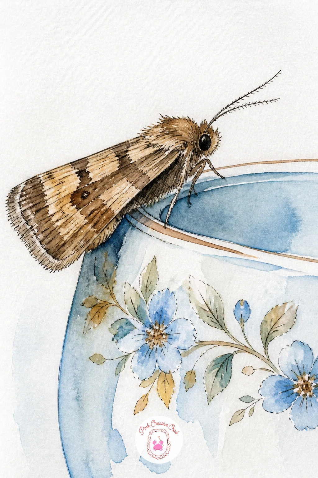 Moth on a Teacup Rim — Set the next moth somewhere unexpectedly domestic: perched right on the rim of a teacup. Moth drawing