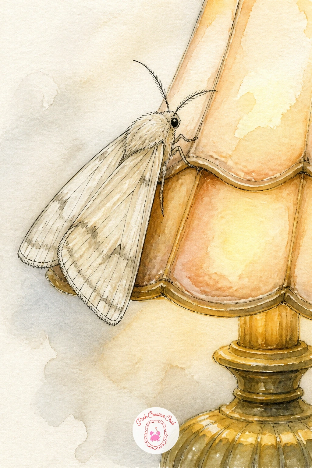 Moth on a Vintage Lamp — Carry that cozy indoor feeling further with a moth resting on an old fashioned lamp, the kind with a curved brass base and a fabric