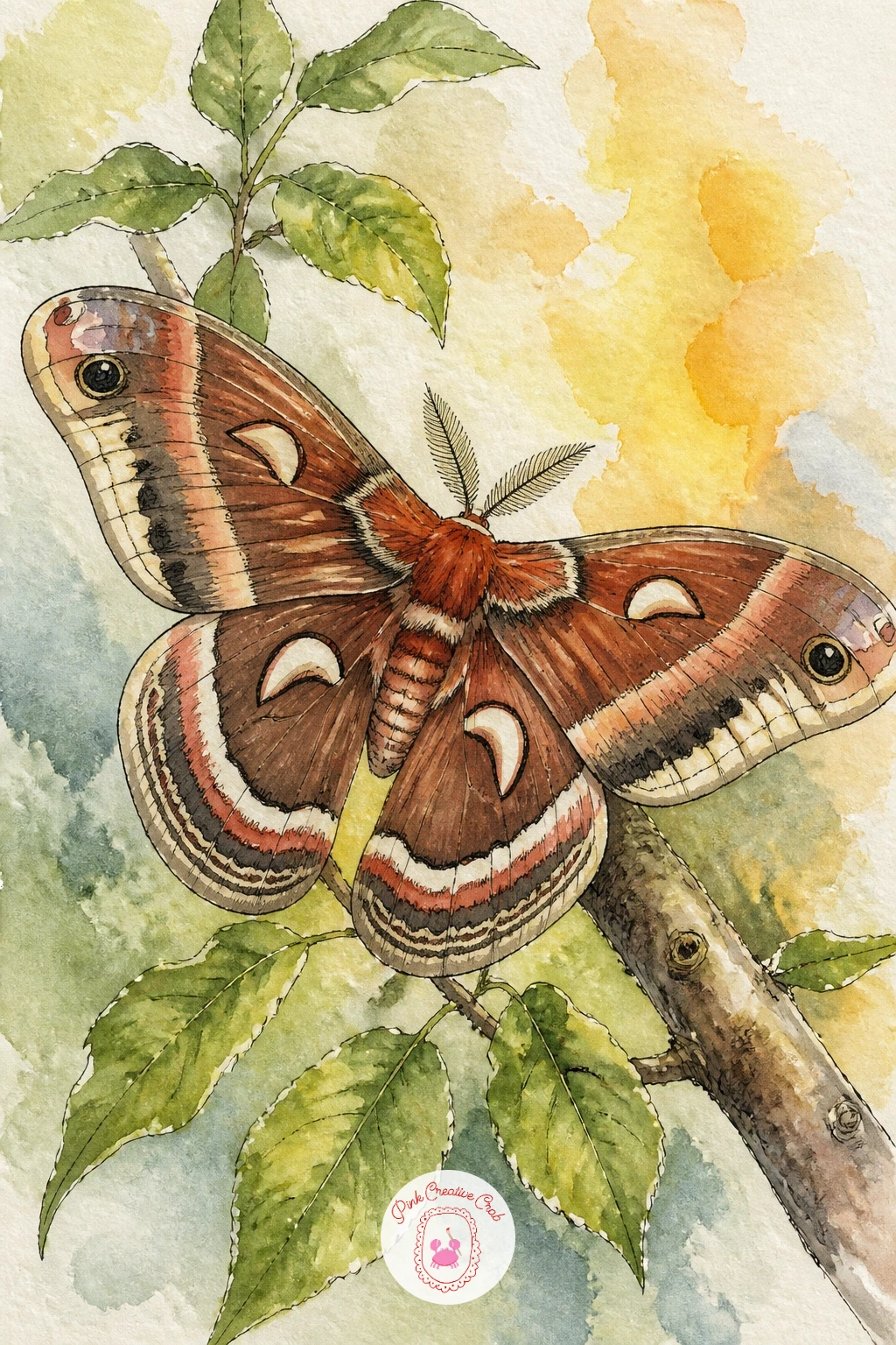 Cecropia Moth on a Branch — Give the cecropia moth a small branch to grip, since its red and white banded body and crescent wing markings look best shown