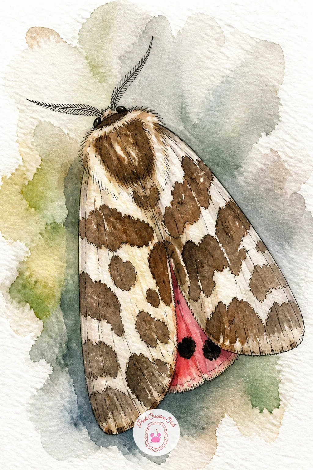 Garden Tiger Moth — The garden tiger moth brings bold pattern back into the mix, with chocolate brown and cream marbled forewings that flash pink and black