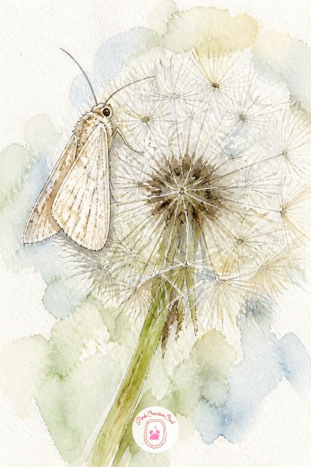 Moth on a Dandelion Clock — Rest a small pale moth on a dandelion gone to seed, since the contrast between the moth's solid wings and the dandelion's airy