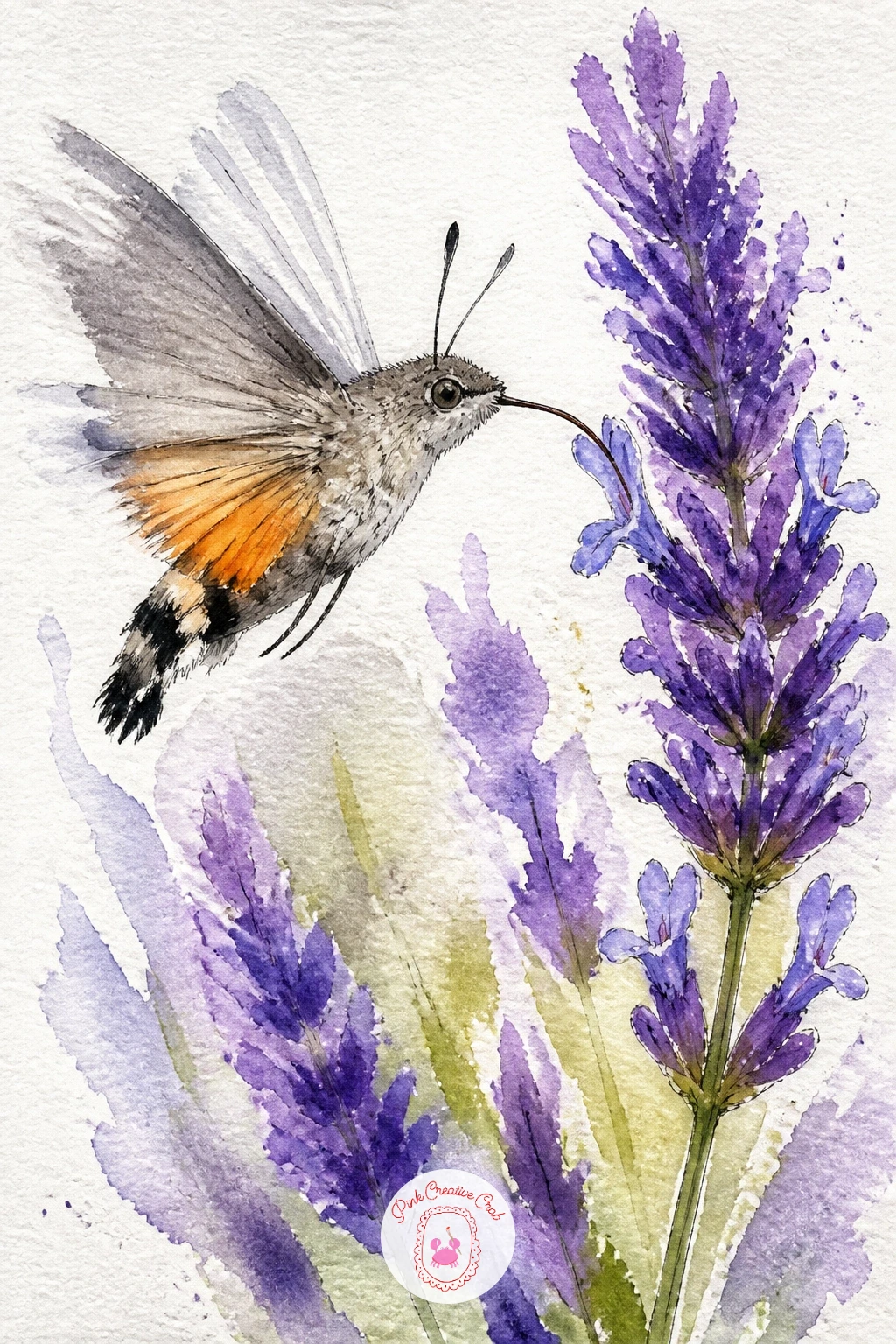 Hummingbird Hawk Moth at Lavender — Bring in the hummingbird hawk moth next, caught mid hover at a spray of lavender, its wings a soft blur rather than a sharp