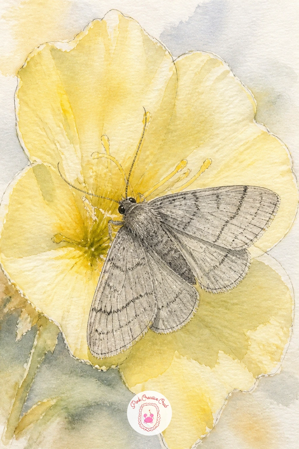 Moth on Evening Primrose — Evening primrose opens its pale yellow blooms right as moths become active, which makes it a natural next pairing. Moth drawing
