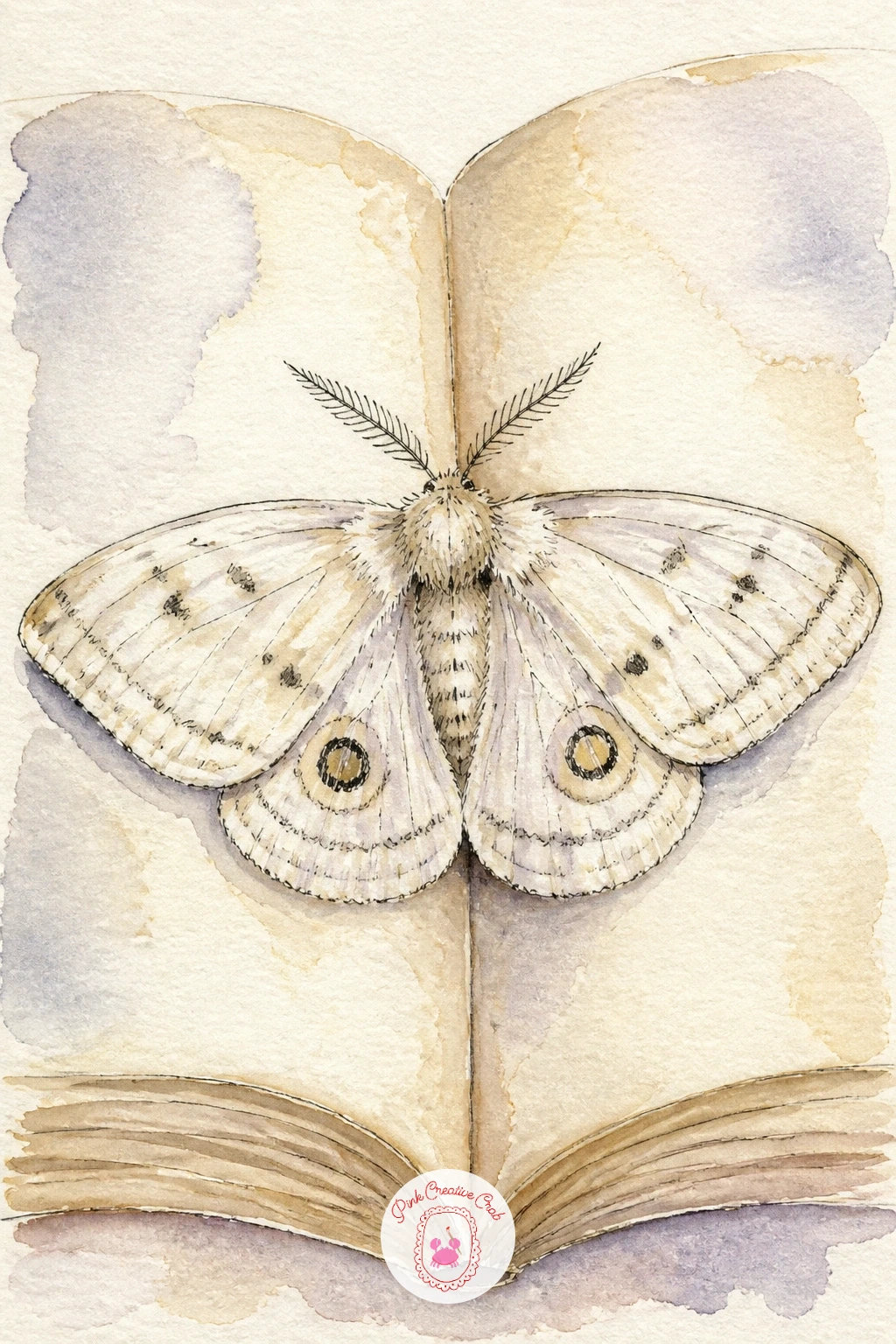 Moth on an Open Book Page — Rest a moth across the pages of an open book for a quiet, bookish composition. Moth drawing