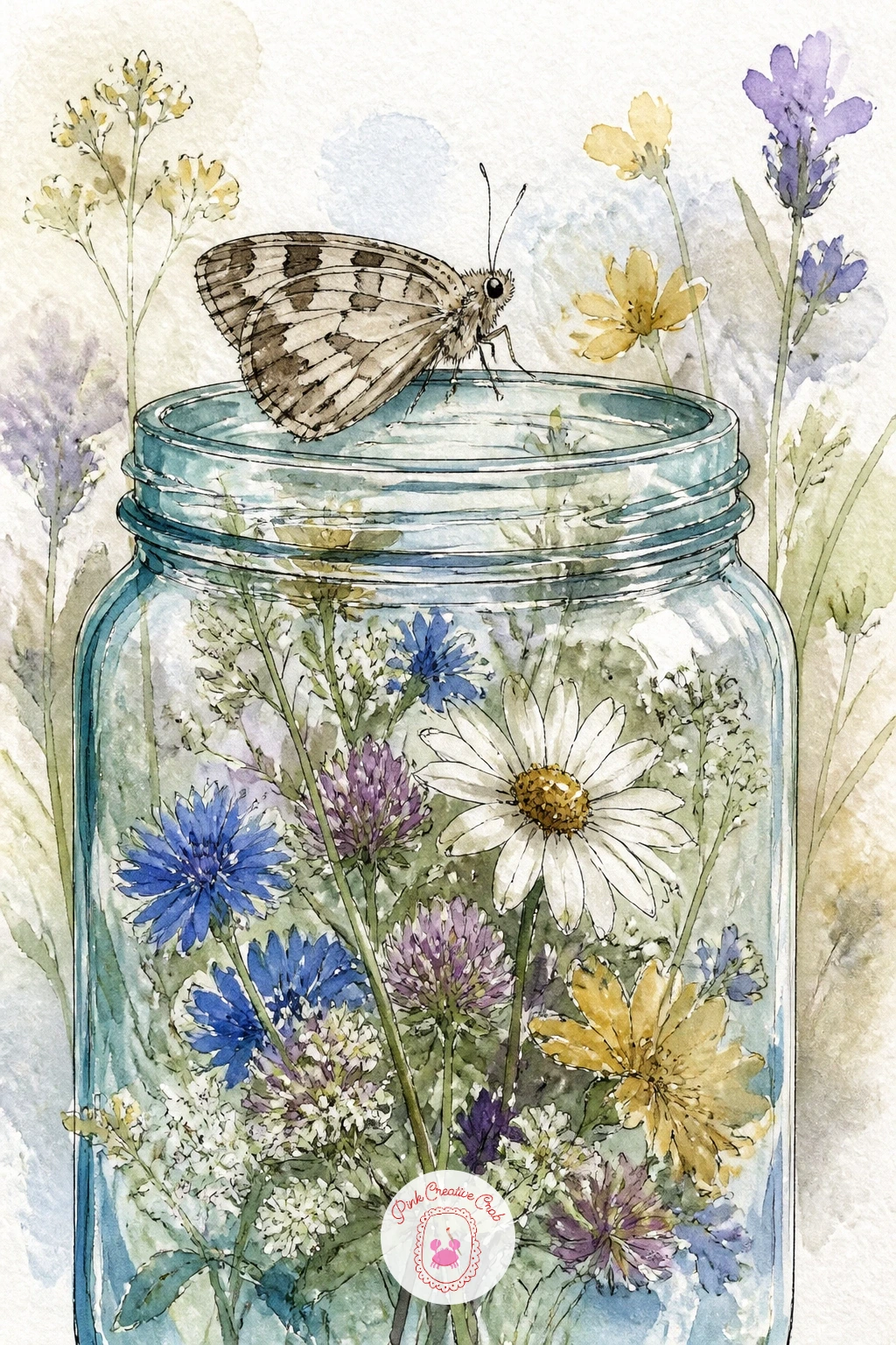 Moth in a Jar With Wildflowers — A small glass jar of wildflowers with a moth perched on its rim makes a lovely cottagecore style subject. Moth drawing