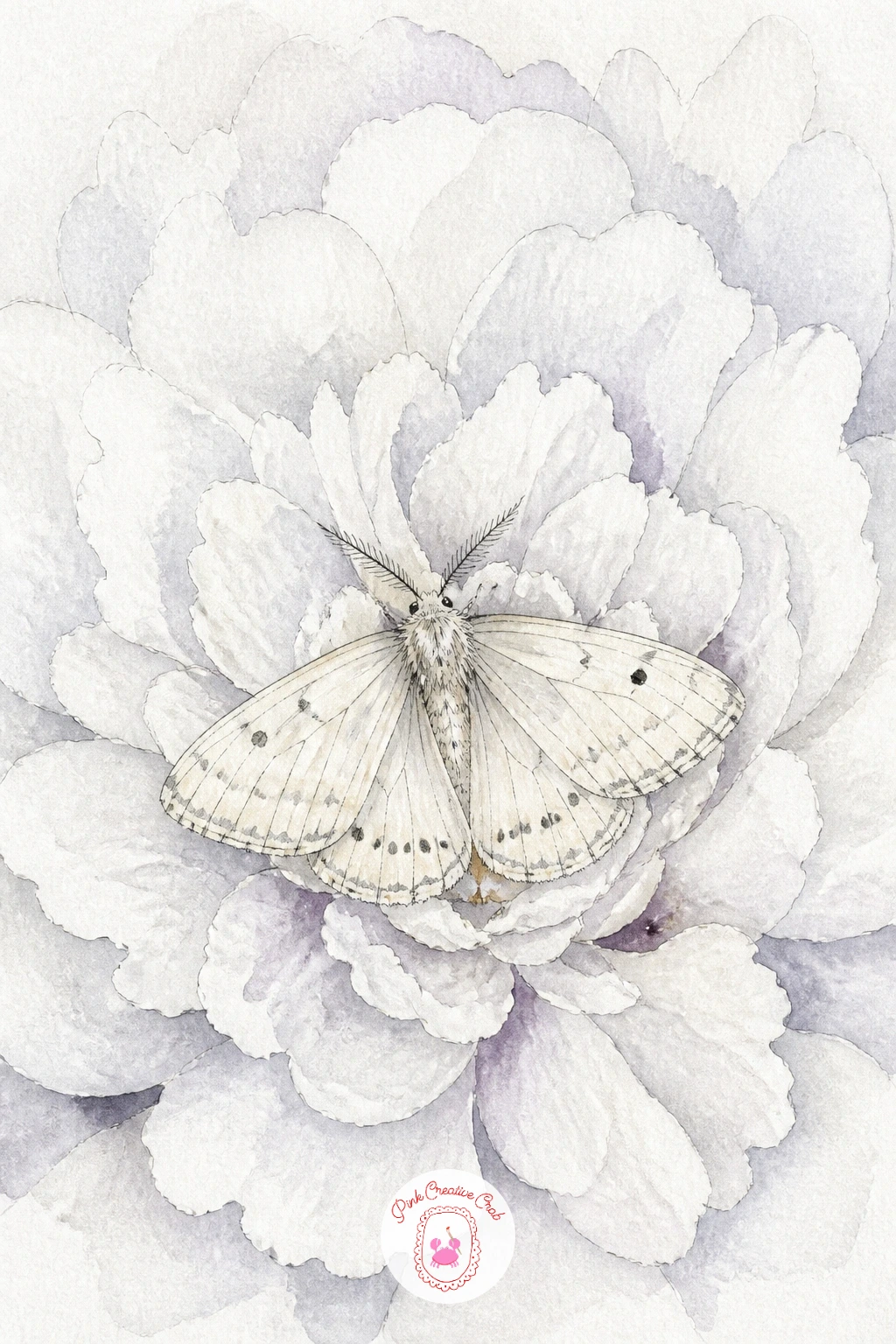 Moth on a White Peony — A pale moth against the full, layered petals of a white peony is one of the prettiest pairings on this whole list, and a good one for