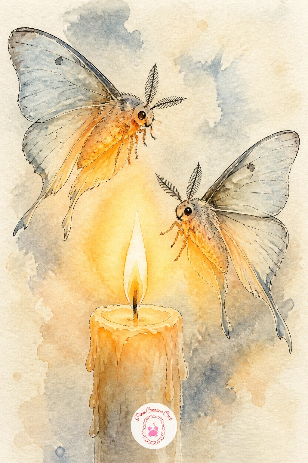 Two Moths Dancing Near a Candle — Two moths circling a single lit candle makes a warmer, more atmospheric scene than any single moth alone. Moth drawing