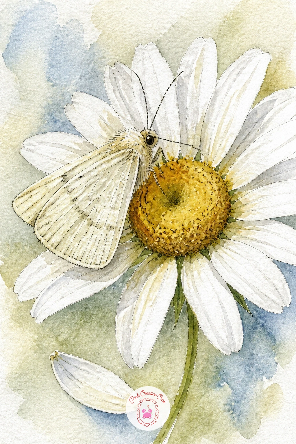 Moth on a White Daisy — After the bold colors of the last idea, cool back down with a simple pale moth resting on a classic white daisy. Moth drawing