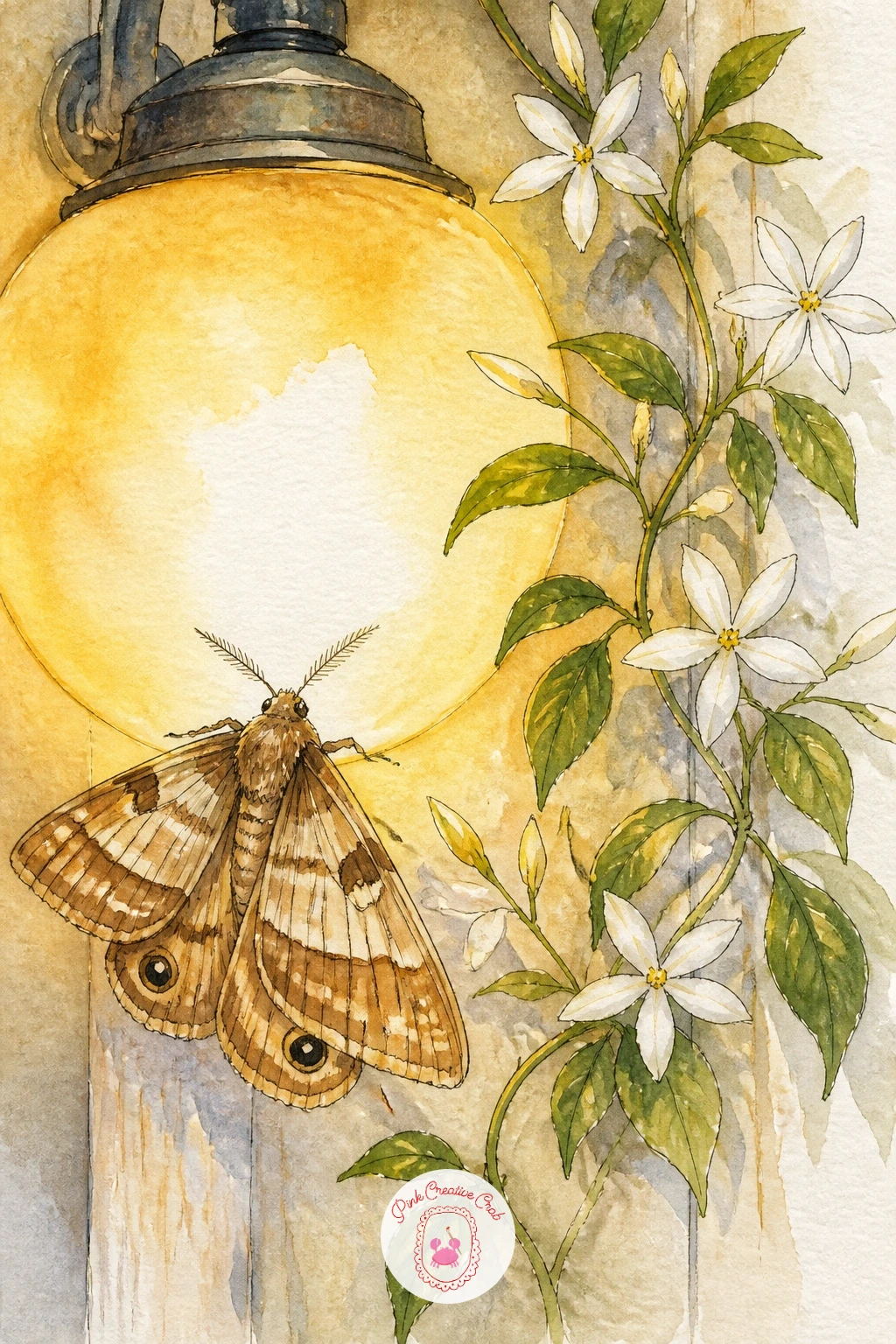 Moth on a Porch Light With Jasmine — A moth drawn to a porch light with jasmine twining nearby brings together two cozy elements at once. Moth drawing