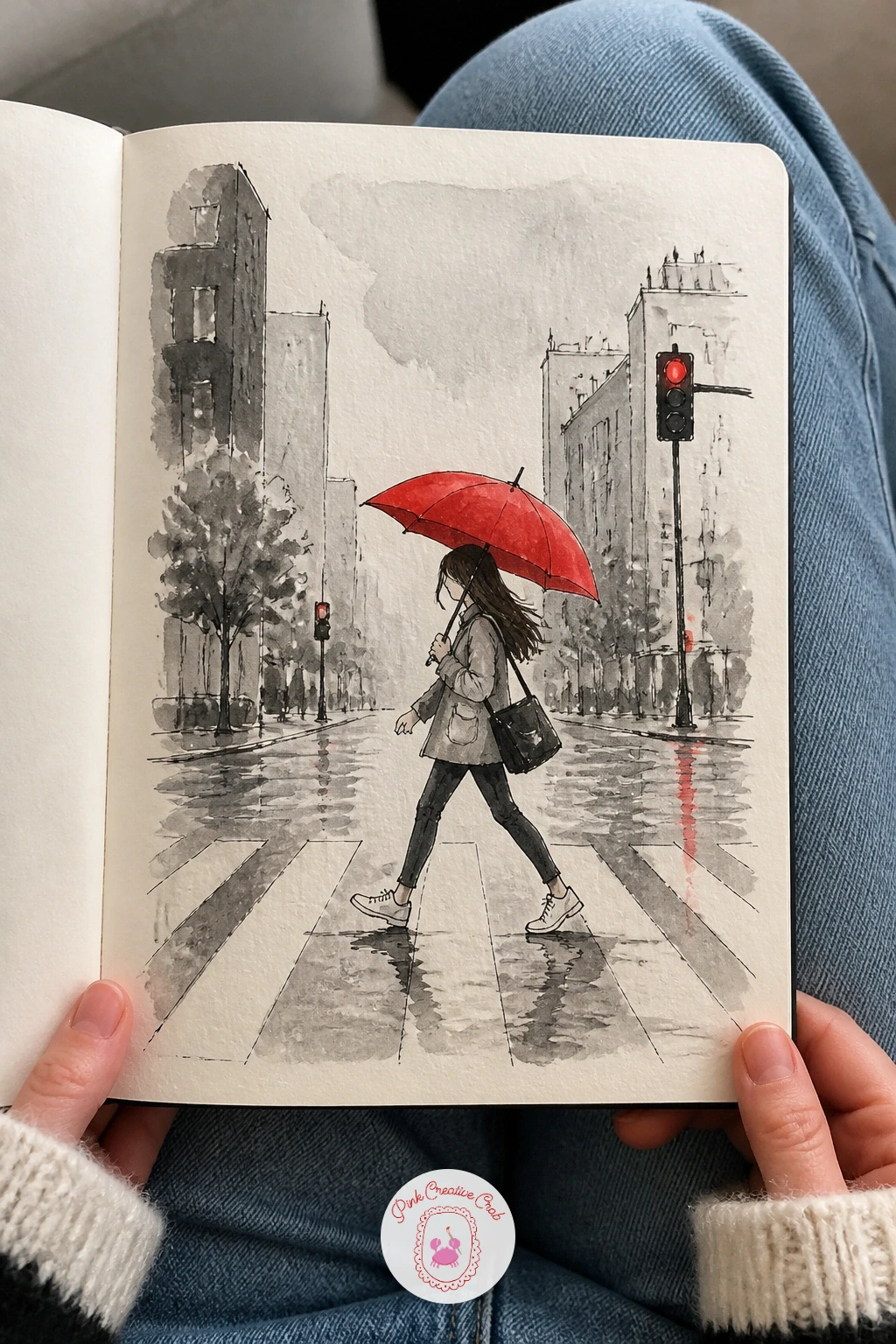 Girl With a Red Umbrella — Start the page with a girl with a red umbrella crossing a zebra crossing, because the strong red dome against grey asphalt is an