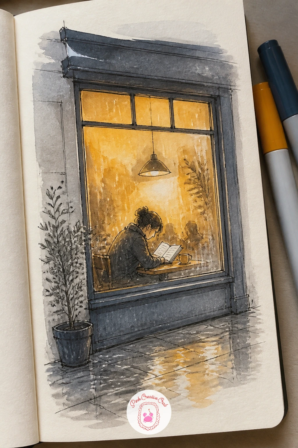 Steamed Up Cafe Window With a Reader Inside — Follow the umbrella with a quieter scene: a steamed up cafe window with a reader inside, seen from the wet street